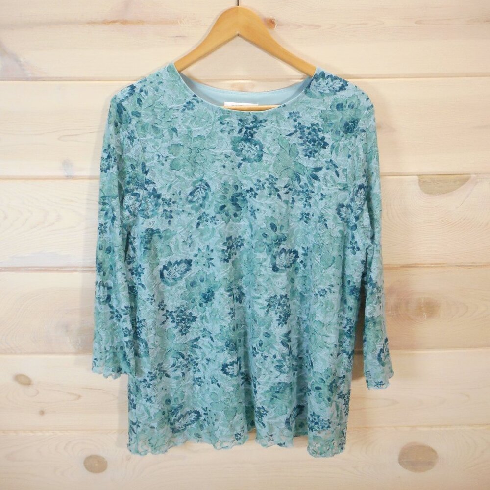 CJ Banks Womens Plus size 1X Teal Floral Top with Lace Overlay 3/4 Sleeve Blouse